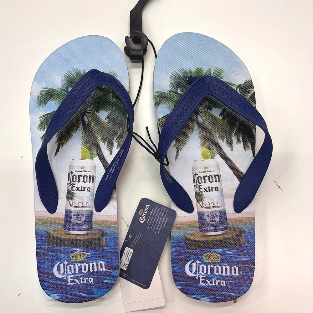Corona Extra Mens Flip Flops Navy Blue Tropical Palm Tree Beer Sandals Size 8